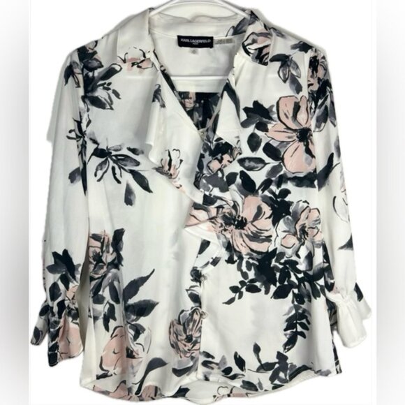 KARL LAGERFELD Ruffled‎ Pearl Button VNK 3/4Sleeve Ruffle cuffs Floral Blouse XS - Picture 1 of 12